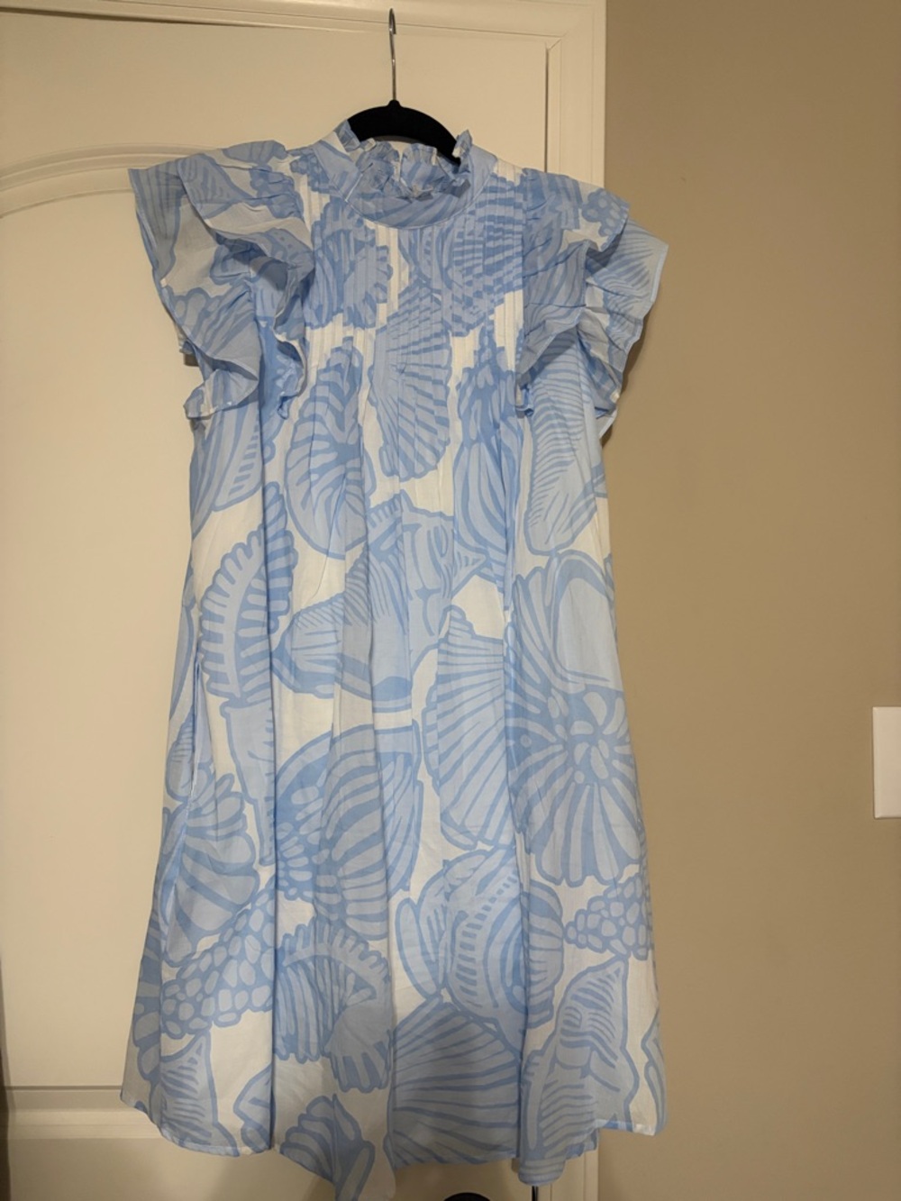 Women’s Light Blue Shell Print Ruffle Dress